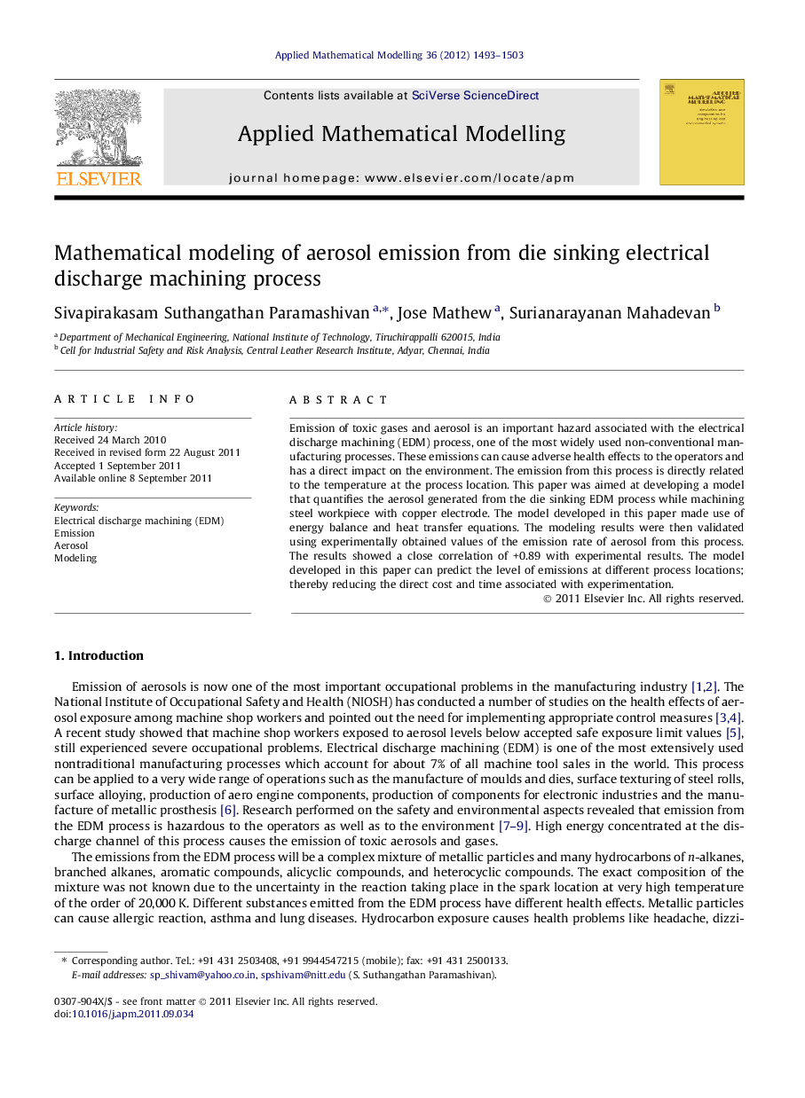 Mathematical modeling of aerosol emission from die sinking electrical discharge machining process