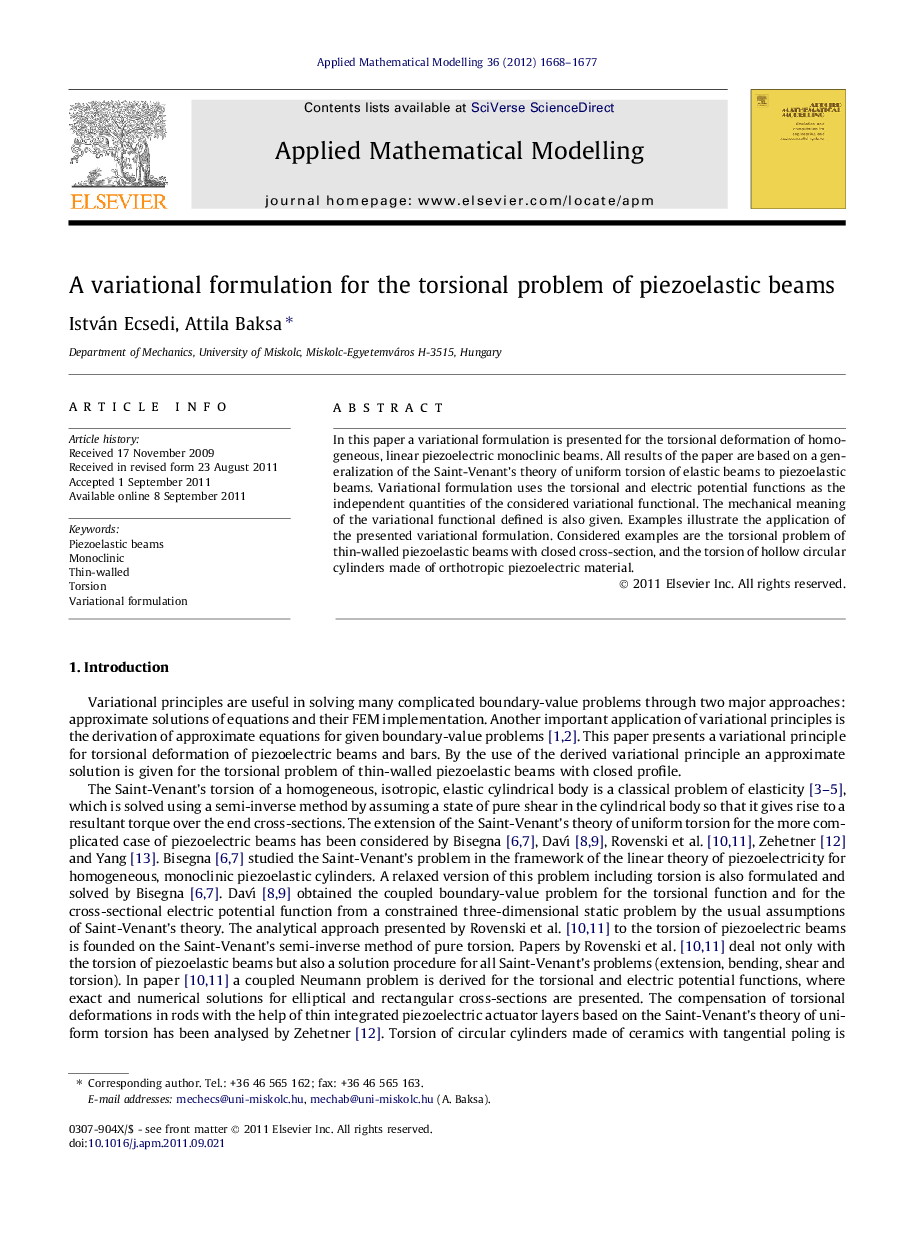 A variational formulation for the torsional problem of piezoelastic beams