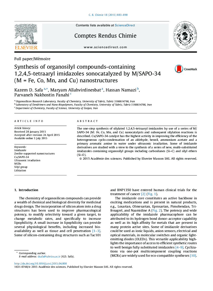 Synthesis of organosilyl compounds-containing 1,2,4,5-tetraaryl imidazoles sonocatalyzed by M/SAPO-34 (M = Fe, Co, Mn, and Cu) nanostructures