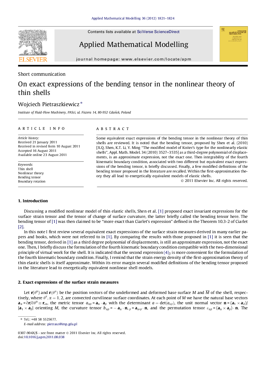 On exact expressions of the bending tensor in the nonlinear theory of thin shells