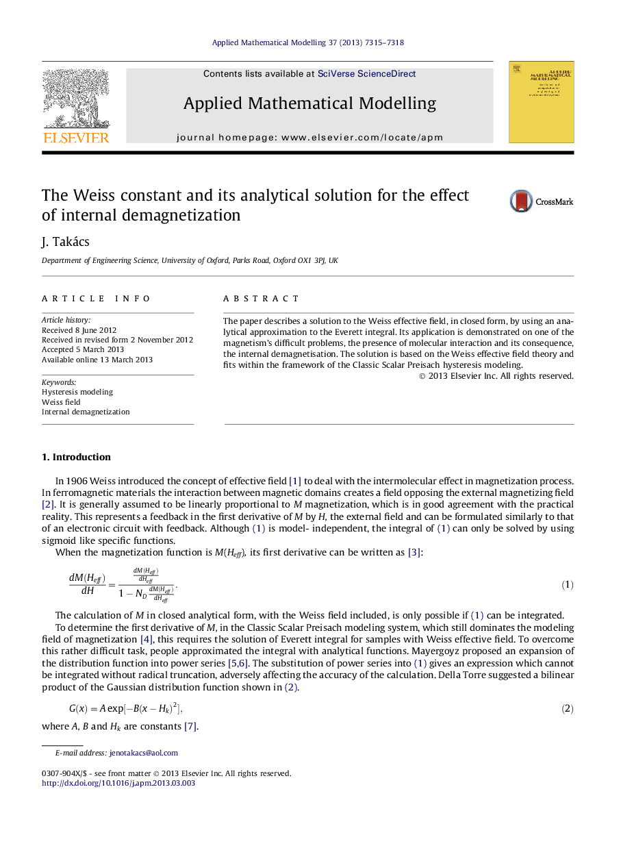 The Weiss constant and its analytical solution for the effect of internal demagnetization