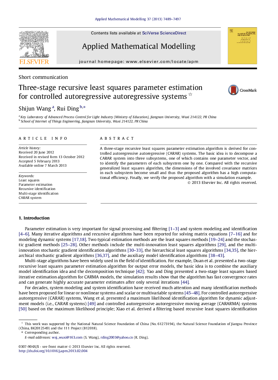 Three-stage recursive least squares parameter estimation for controlled autoregressive autoregressive systems 