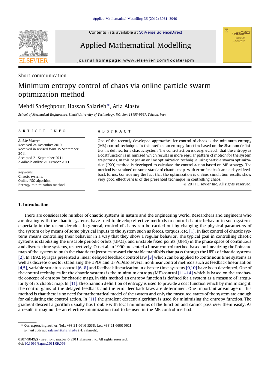 Minimum entropy control of chaos via online particle swarm optimization method