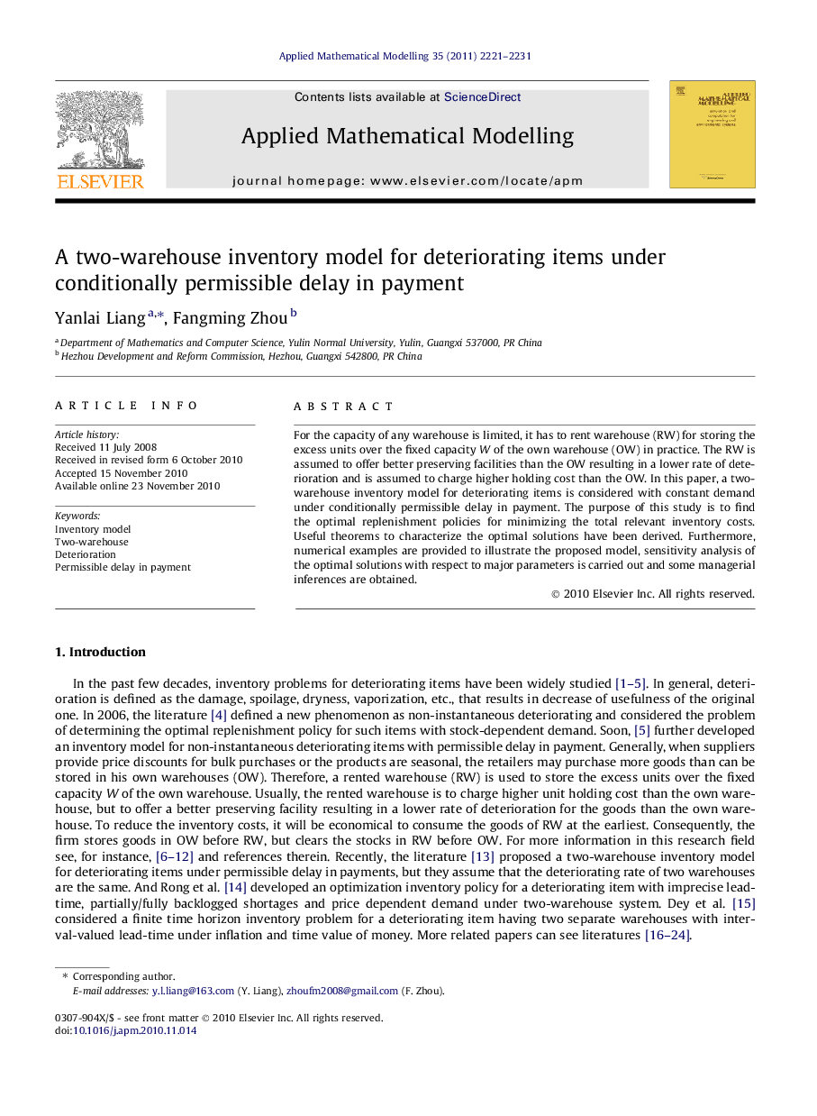 A two-warehouse inventory model for deteriorating items under conditionally permissible delay in payment