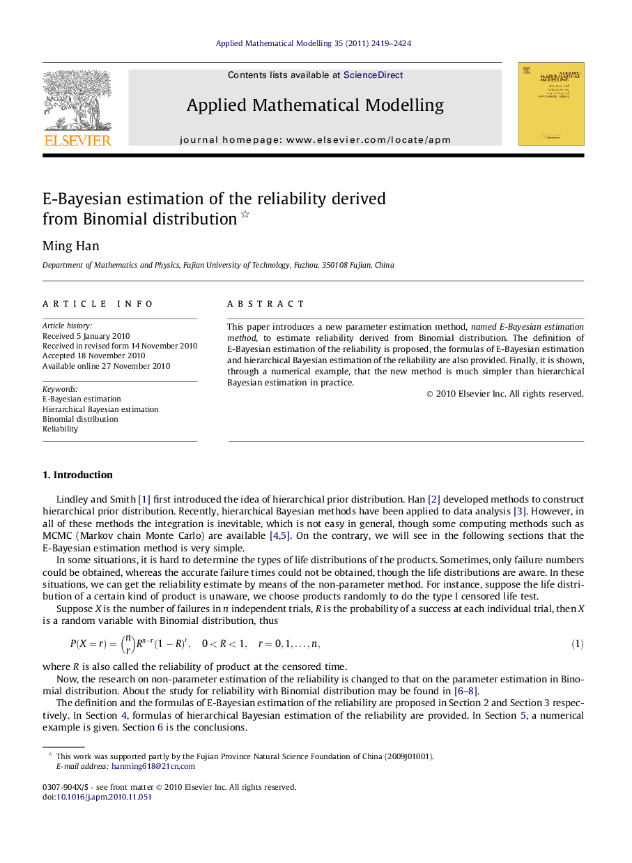 E-Bayesian estimation of the reliability derived from Binomial distribution 