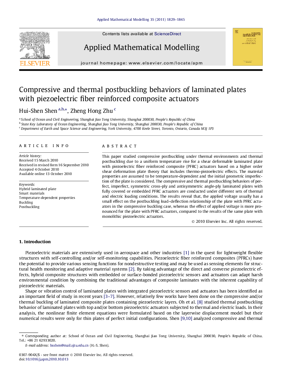 Compressive and thermal postbuckling behaviors of laminated plates with piezoelectric fiber reinforced composite actuators