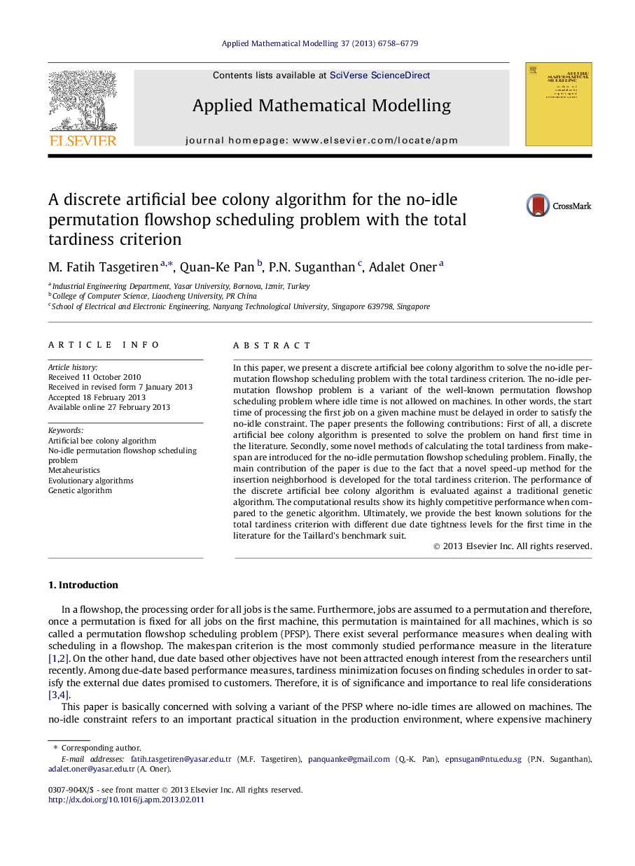 A discrete artificial bee colony algorithm for the no-idle permutation flowshop scheduling problem with the total tardiness criterion