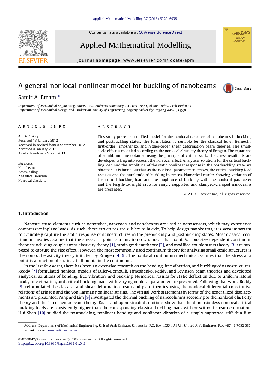 A general nonlocal nonlinear model for buckling of nanobeams