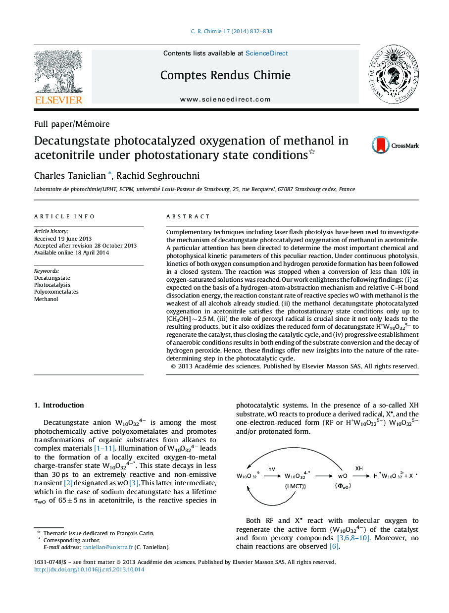 Decatungstate photocatalyzed oxygenation of methanol in acetonitrile under photostationary state conditions 