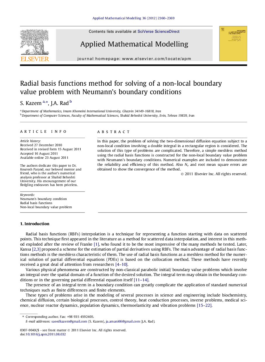 Radial basis functions method for solving of a non-local boundary value problem with Neumann’s boundary conditions