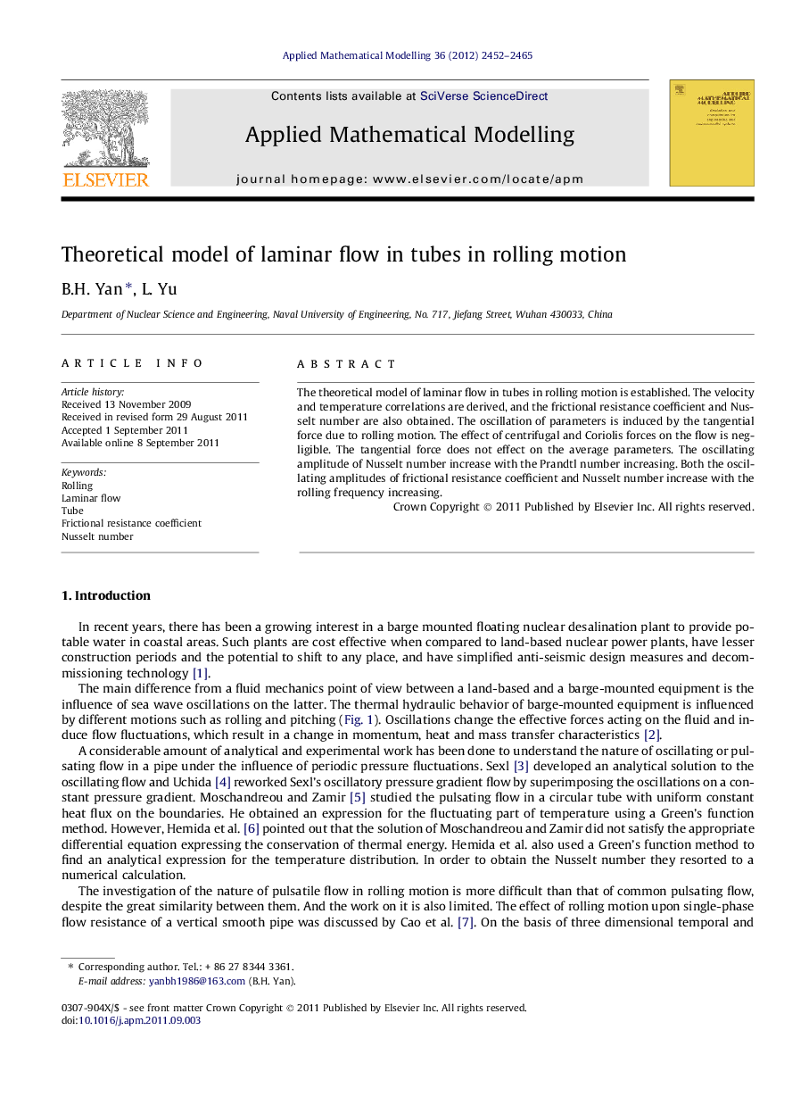 Theoretical model of laminar flow in tubes in rolling motion