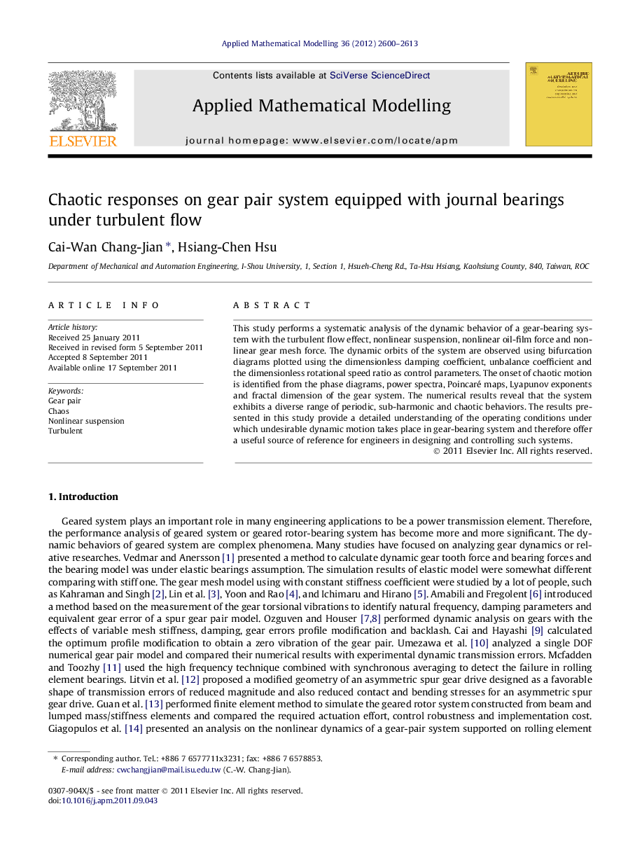 Chaotic responses on gear pair system equipped with journal bearings under turbulent flow