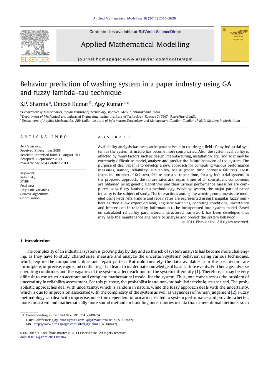 Behavior prediction of washing system in a paper industry using GA and fuzzy lambda–tau technique