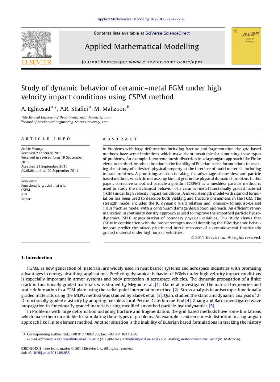 Study of dynamic behavior of ceramic–metal FGM under high velocity impact conditions using CSPM method