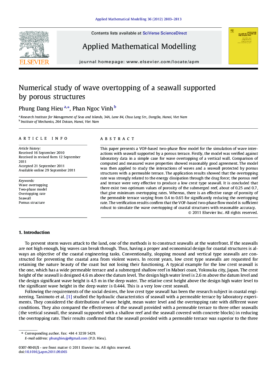 Numerical study of wave overtopping of a seawall supported by porous structures