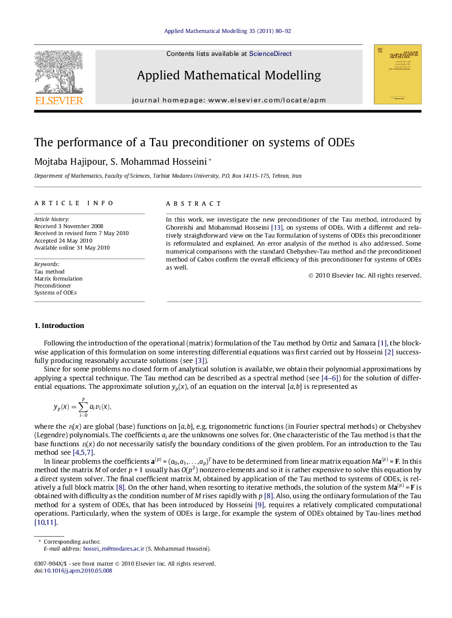 The performance of a Tau preconditioner on systems of ODEs