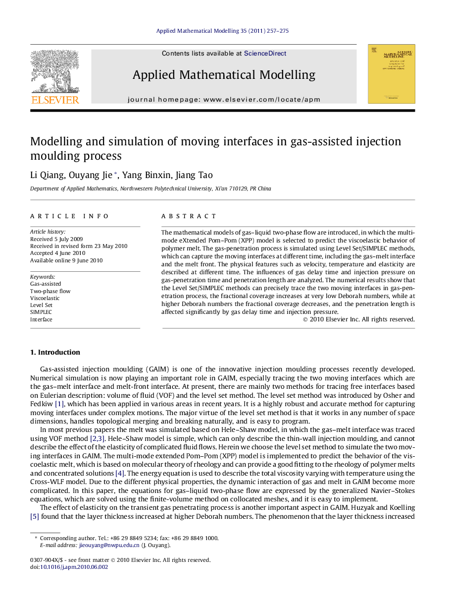 Modelling and simulation of moving interfaces in gas-assisted injection moulding process