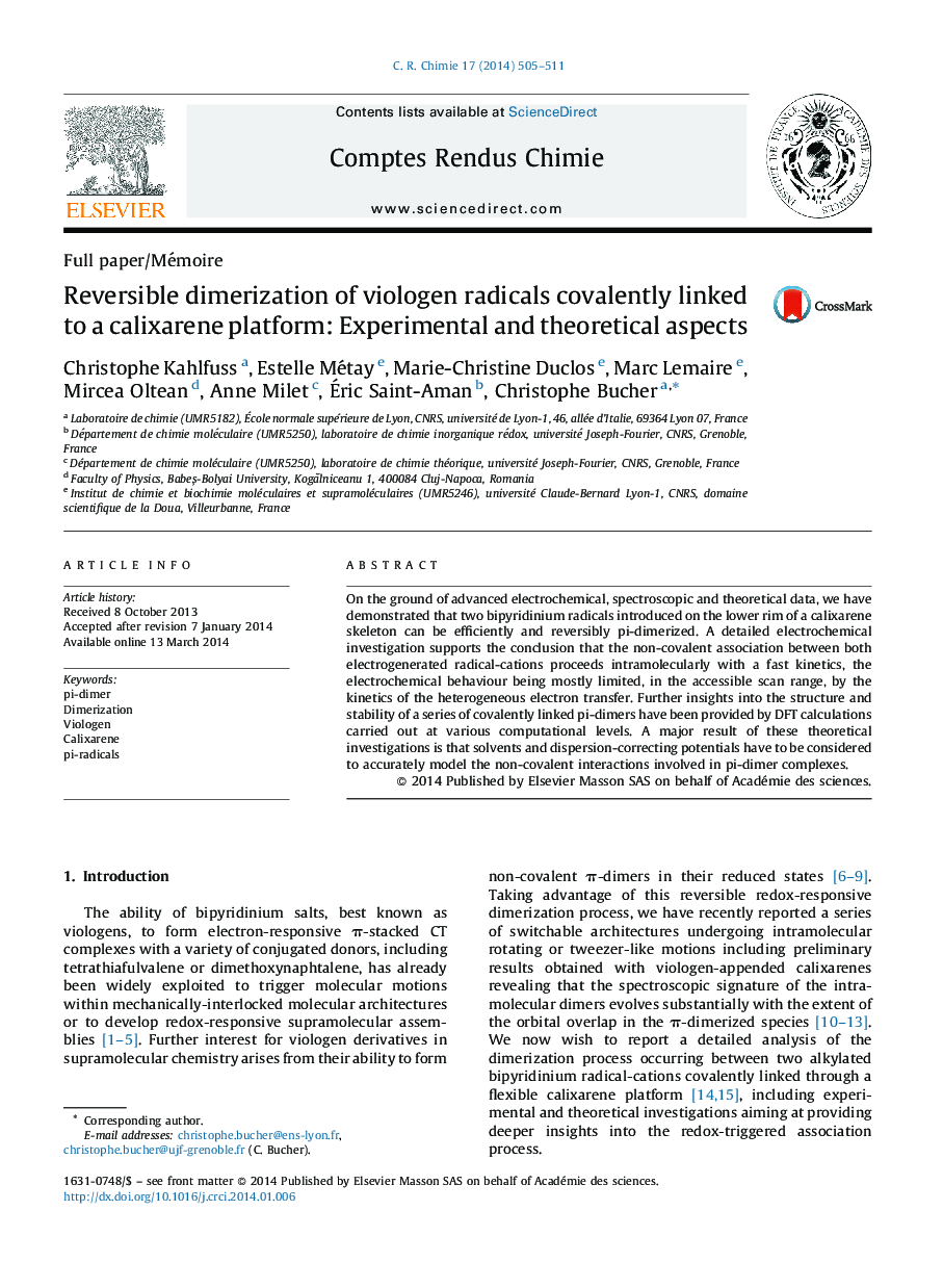 Reversible dimerization of viologen radicals covalently linked to a calixarene platform: Experimental and theoretical aspects