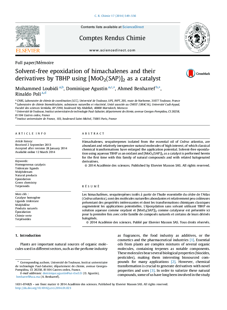 Solvent-free epoxidation of himachalenes and their derivatives by TBHP using [MoO2(SAP)]2 as a catalyst
