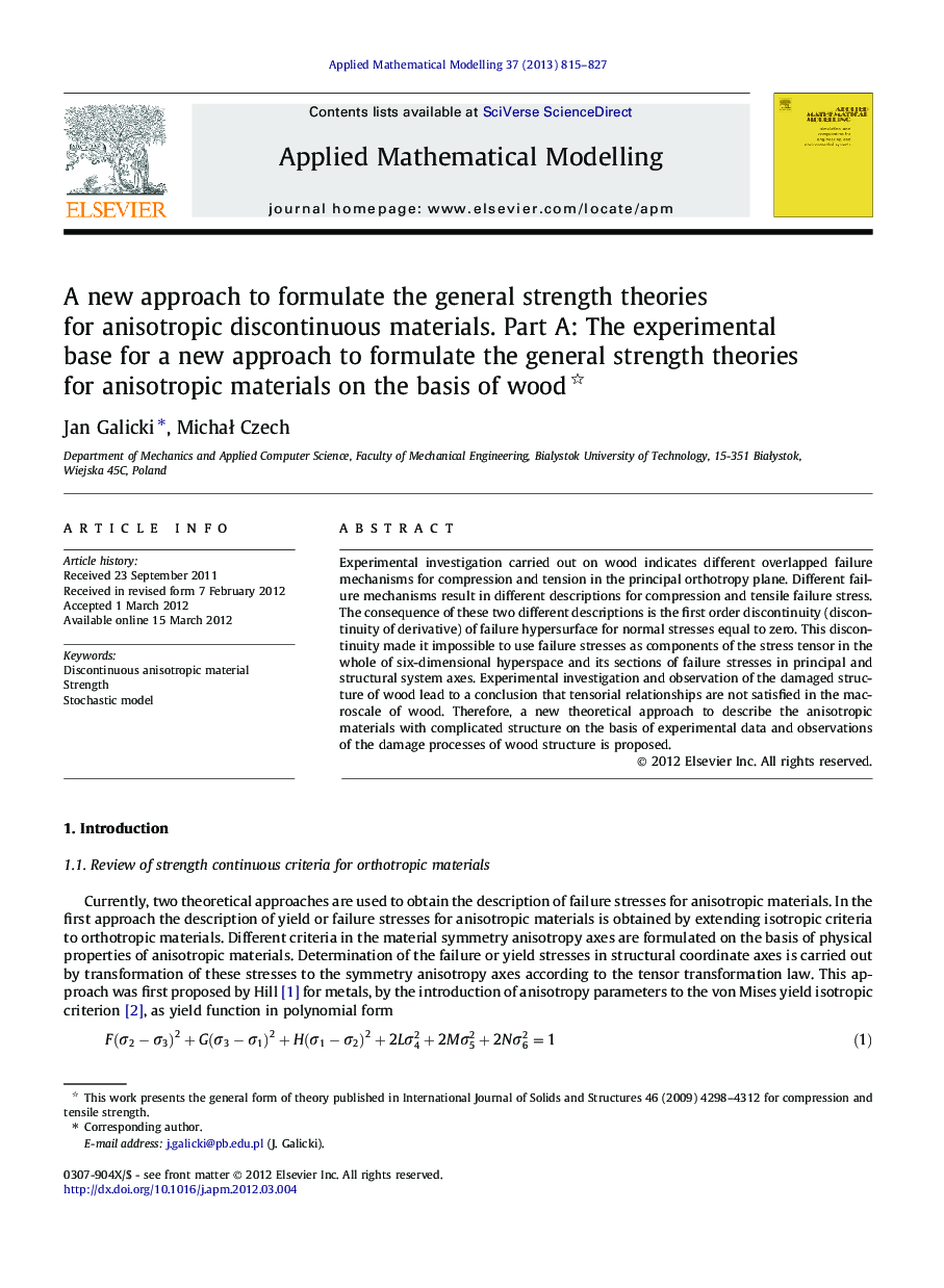 A new approach to formulate the general strength theories for anisotropic discontinuous materials. Part A: The experimental base for a new approach to formulate the general strength theories for anisotropic materials on the basis of wood 