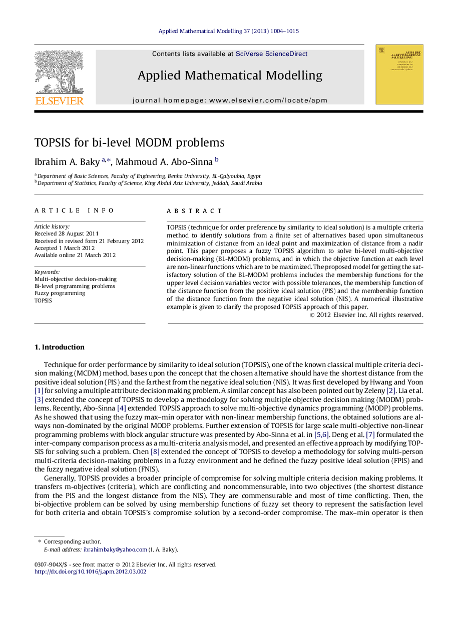 TOPSIS for bi-level MODM problems