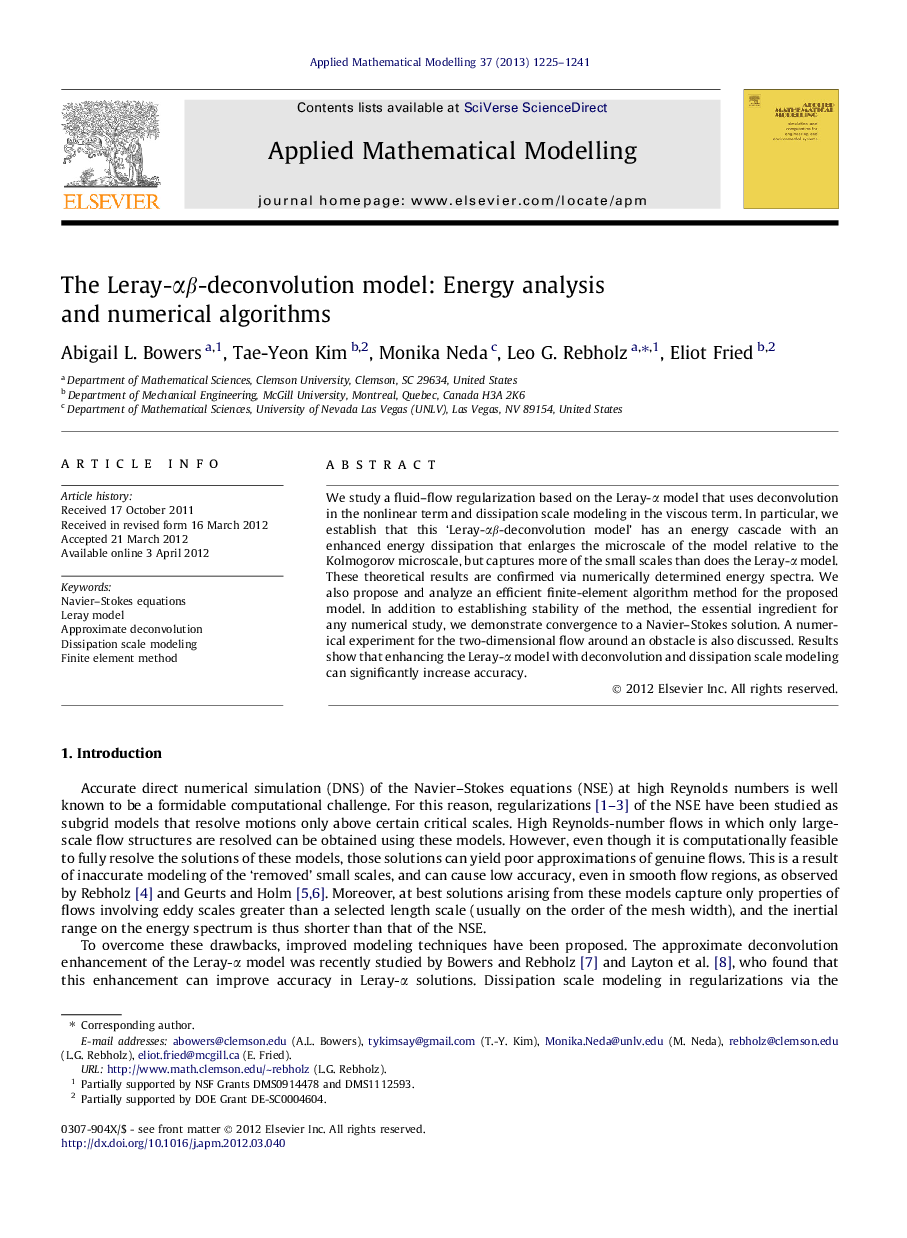 عکس صفحه اول مقاله: The Leray-αβαβ-deconvolution model: Energy analysis and numerical algorithms The Leray-αβαβ-deconvolution model: Energy analysis and numerical algorithms
