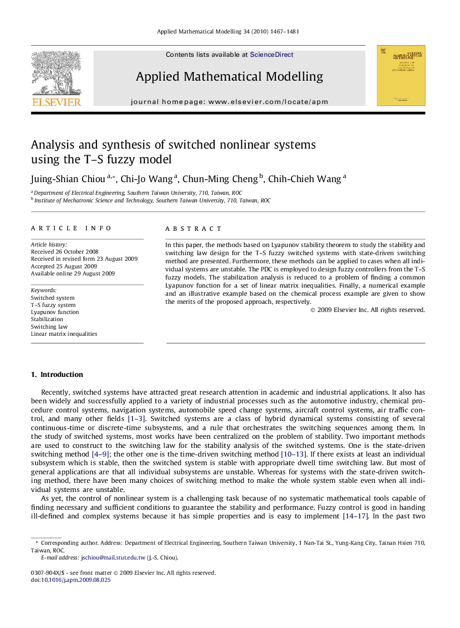 Analysis and synthesis of switched nonlinear systems using the T–S fuzzy model