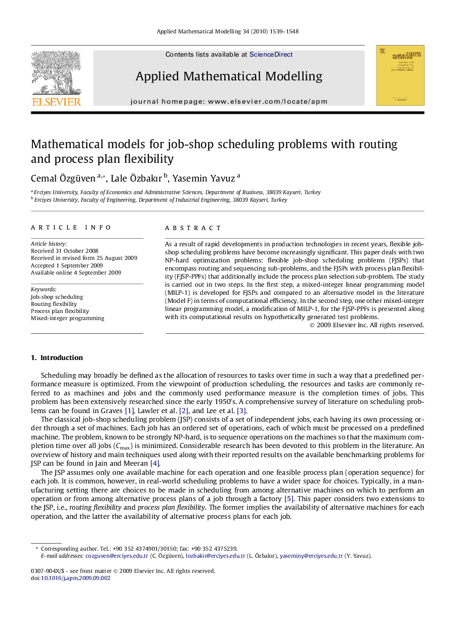 Mathematical models for job-shop scheduling problems with routing and process plan flexibility