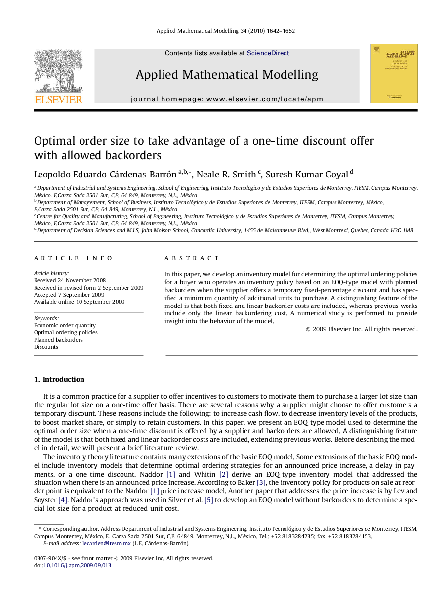 Optimal order size to take advantage of a one-time discount offer with allowed backorders