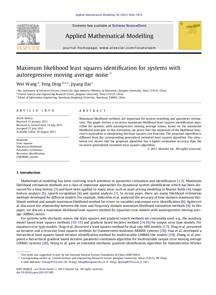 عکس صفحه اول مقاله: Maximum likelihood least squares identification for systems with autoregressive moving average noise Maximum likelihood least squares identification for systems with autoregressive moving average noise