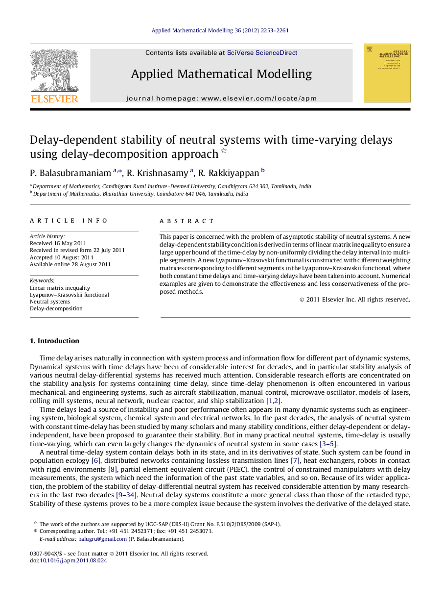 Delay-dependent stability of neutral systems with time-varying delays using delay-decomposition approach 