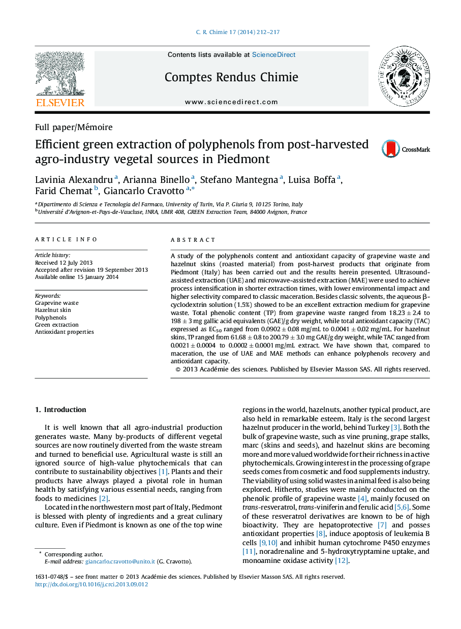 Efficient green extraction of polyphenols from post-harvested agro-industry vegetal sources in Piedmont