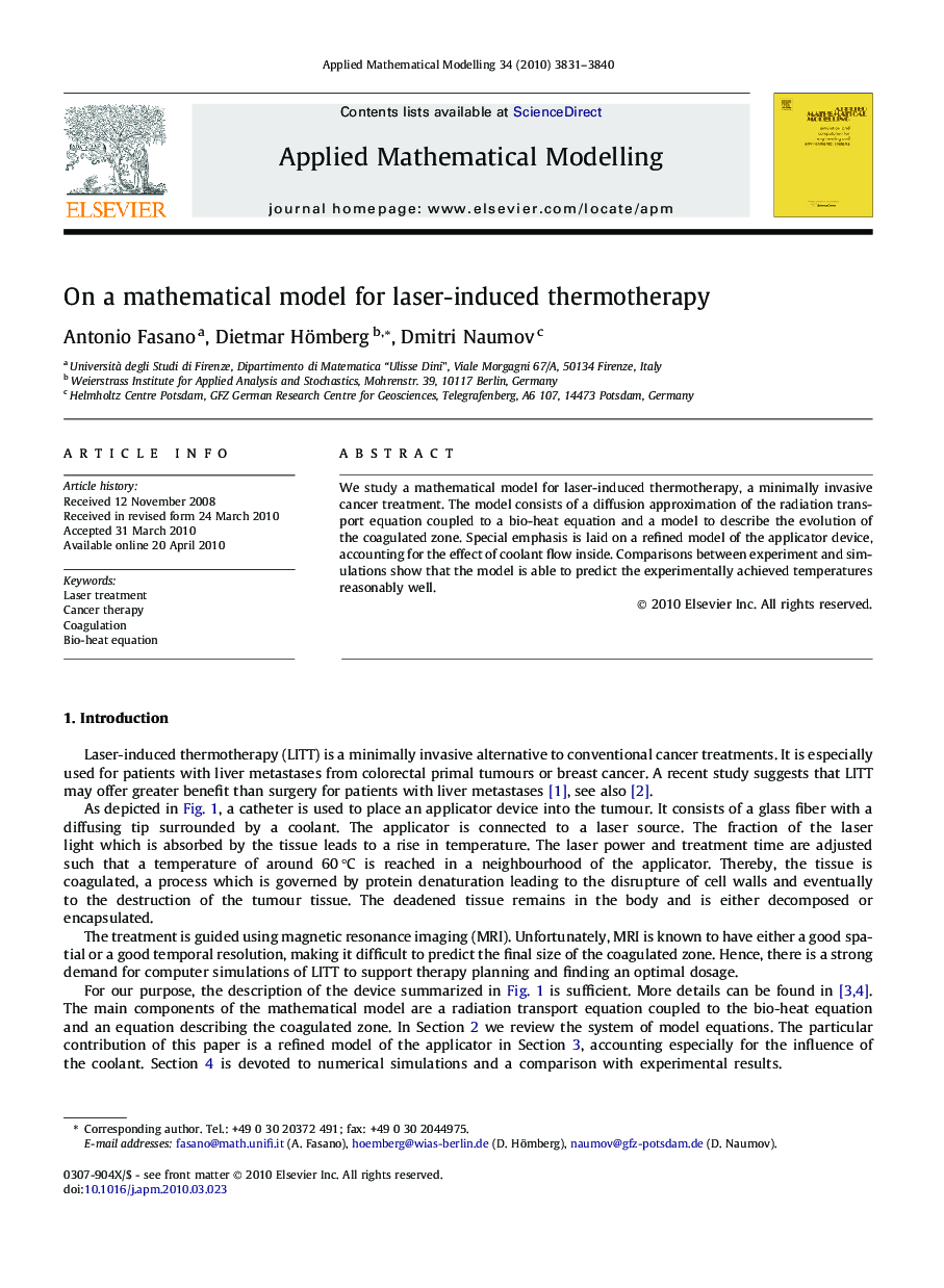 On a mathematical model for laser-induced thermotherapy