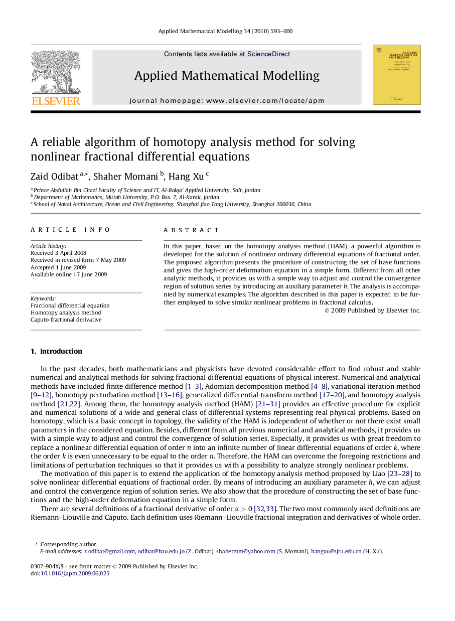 A reliable algorithm of homotopy analysis method for solving nonlinear fractional differential equations