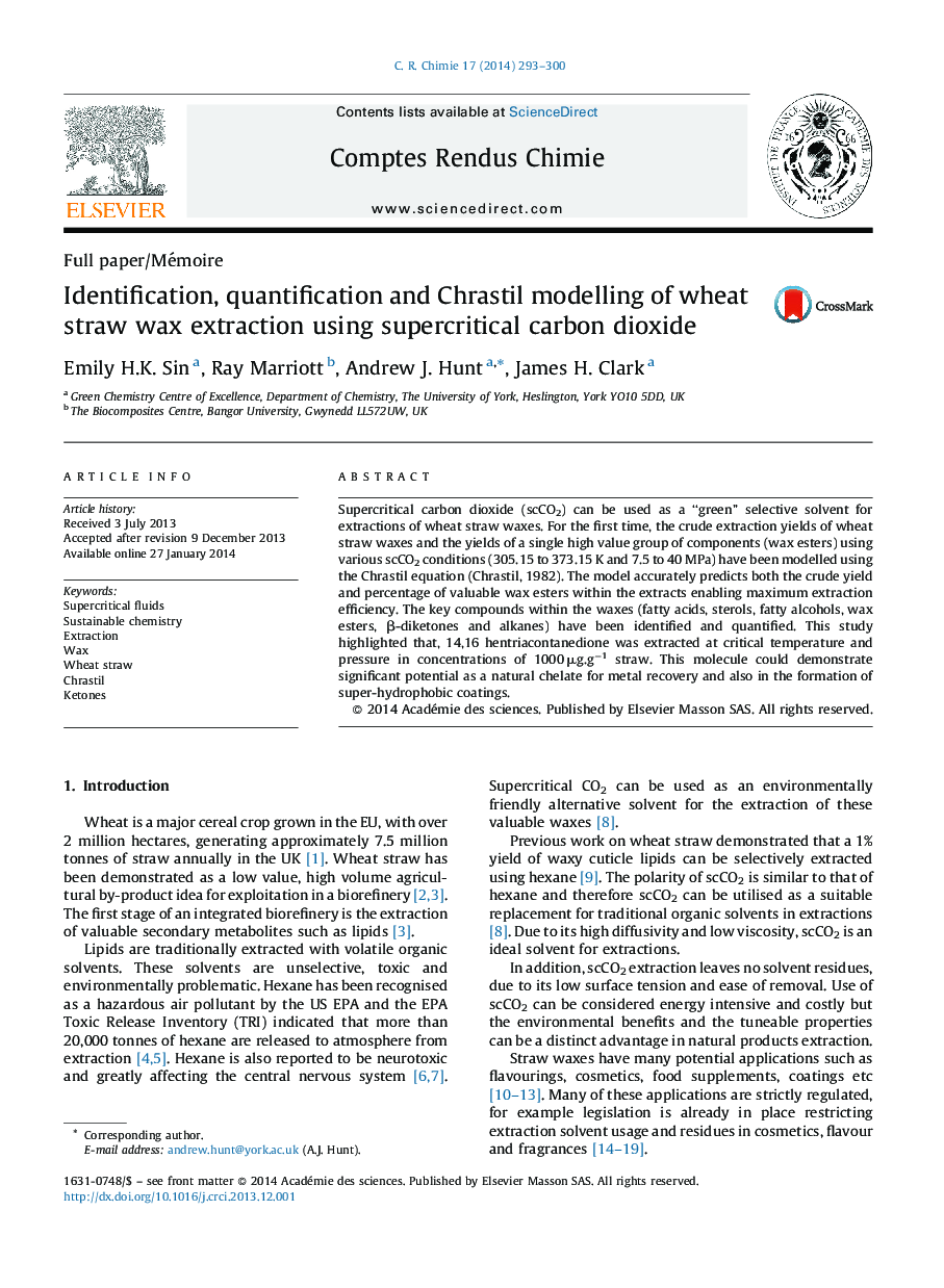 Identification, quantification and Chrastil modelling of wheat straw wax extraction using supercritical carbon dioxide