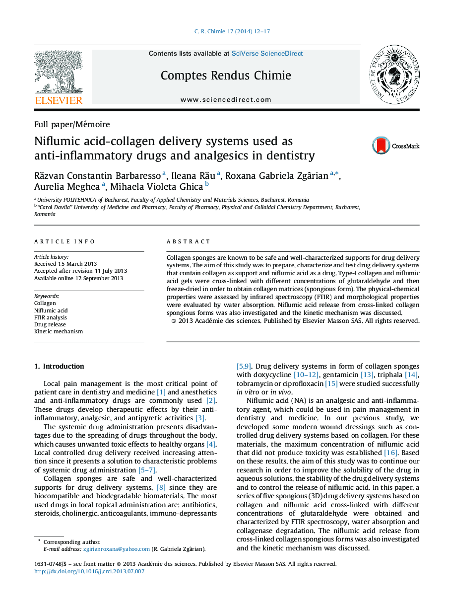 Niflumic acid-collagen delivery systems used as anti-inflammatory drugs and analgesics in dentistry