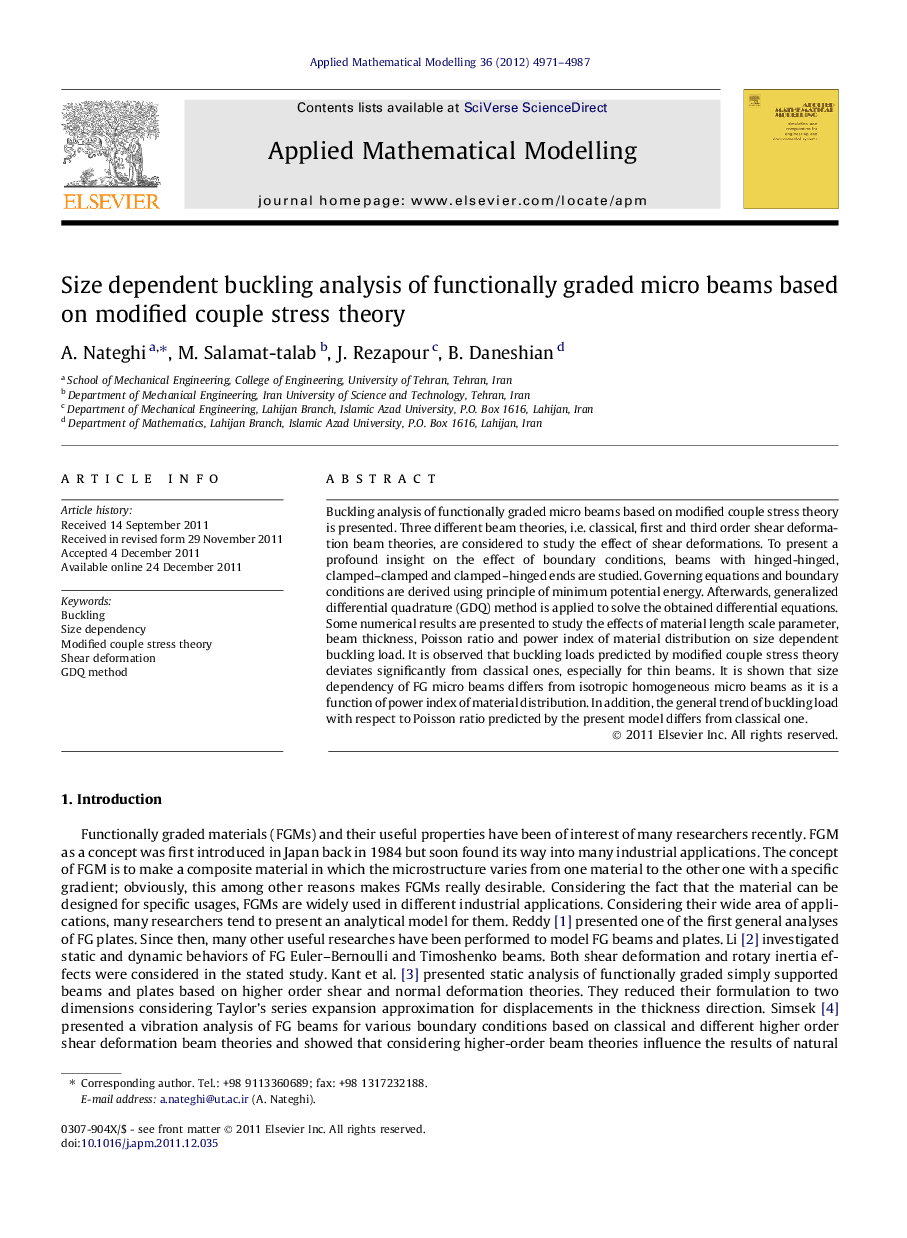 Size dependent buckling analysis of functionally graded micro beams based on modified couple stress theory