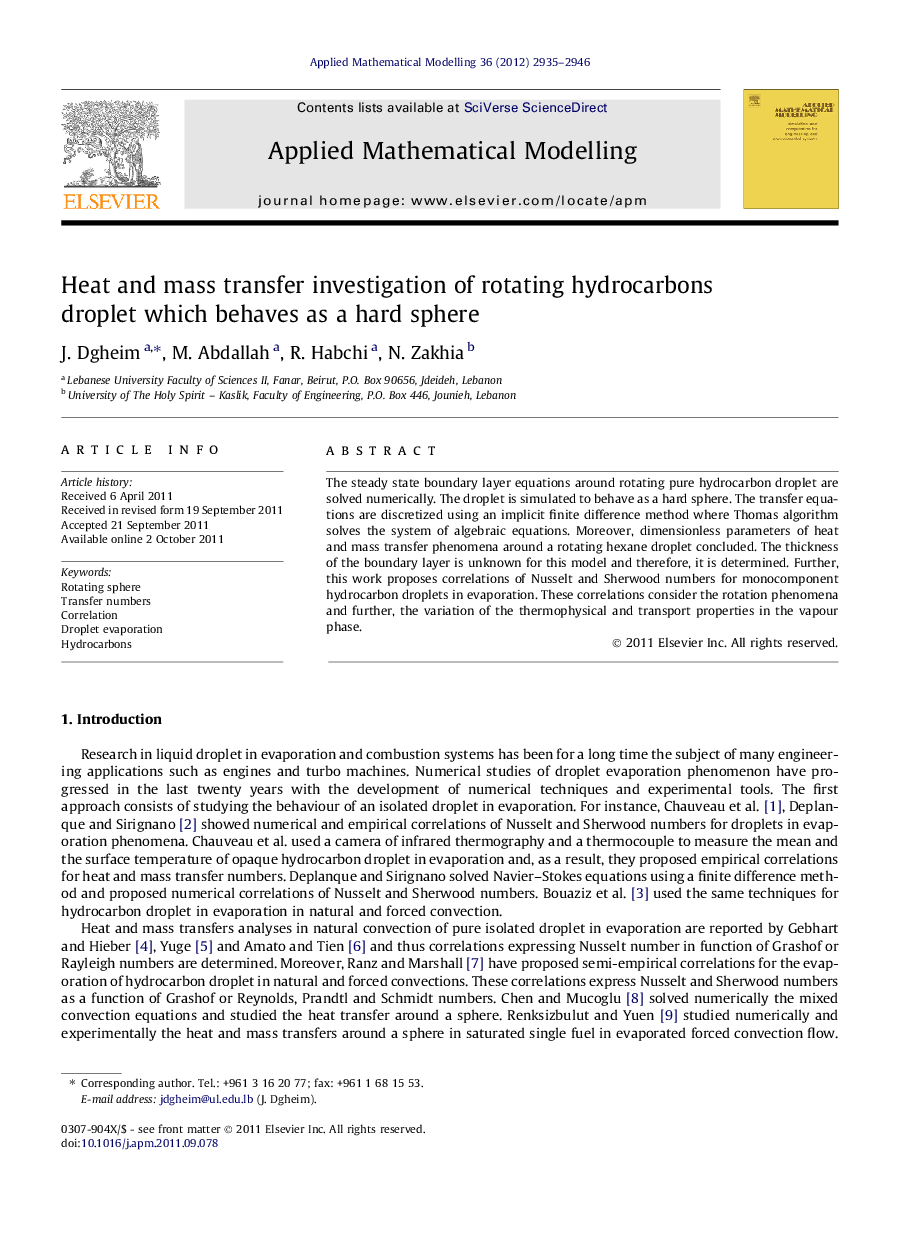 Heat and mass transfer investigation of rotating hydrocarbons droplet which behaves as a hard sphere