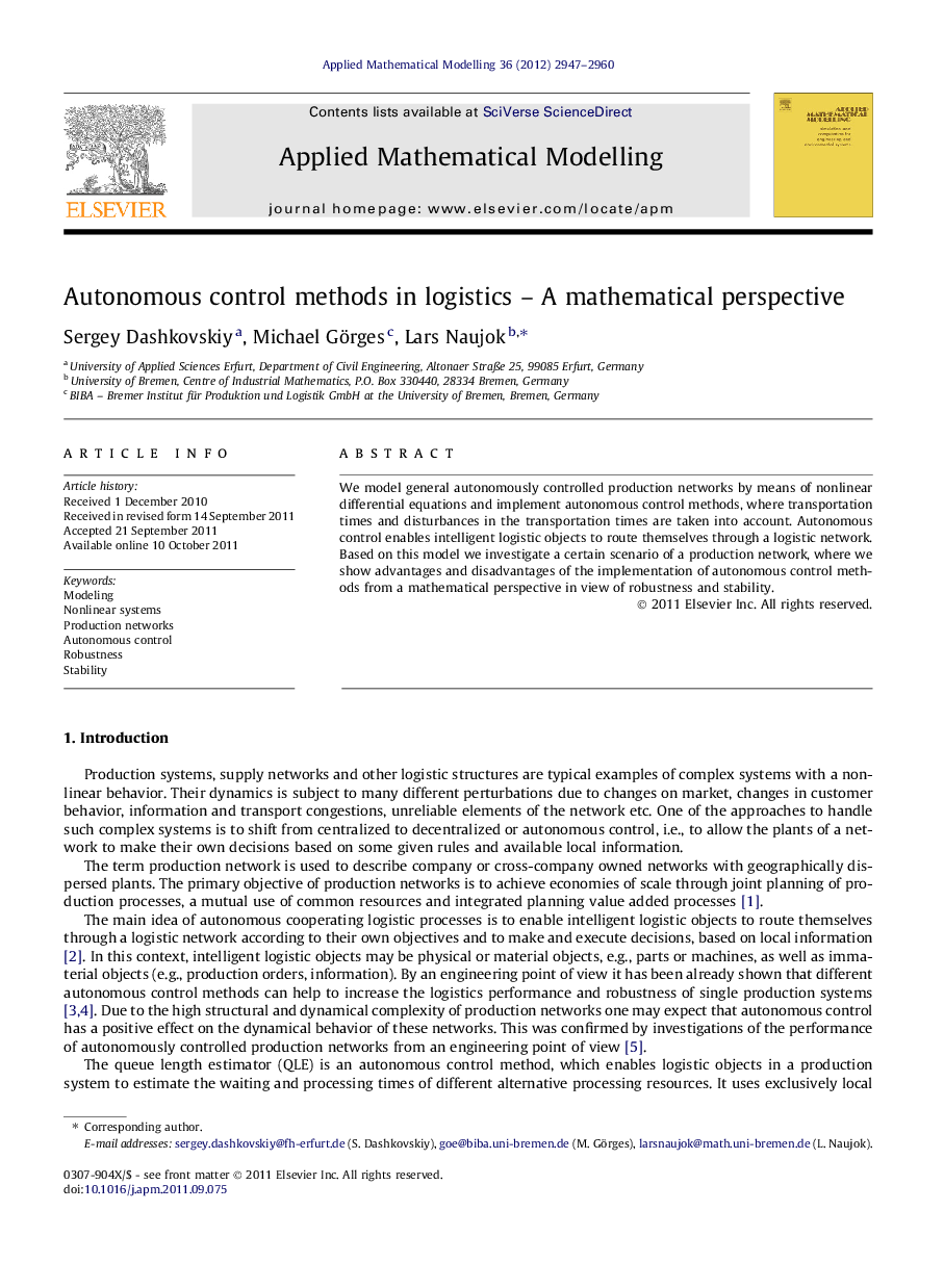 Autonomous control methods in logistics – A mathematical perspective