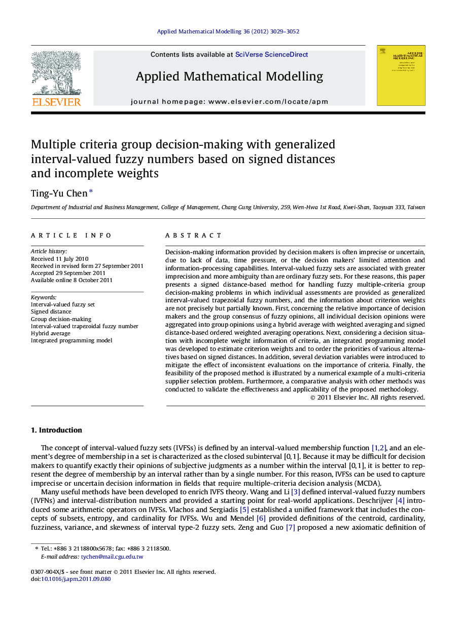 Multiple criteria group decision-making with generalized interval-valued fuzzy numbers based on signed distances and incomplete weights