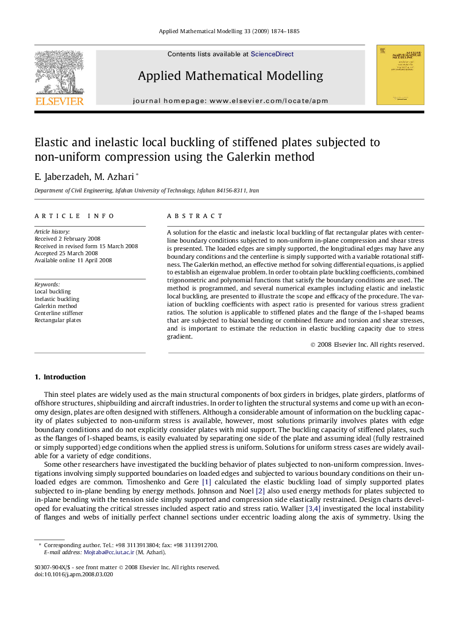 Elastic and inelastic local buckling of stiffened plates subjected to non-uniform compression using the Galerkin method