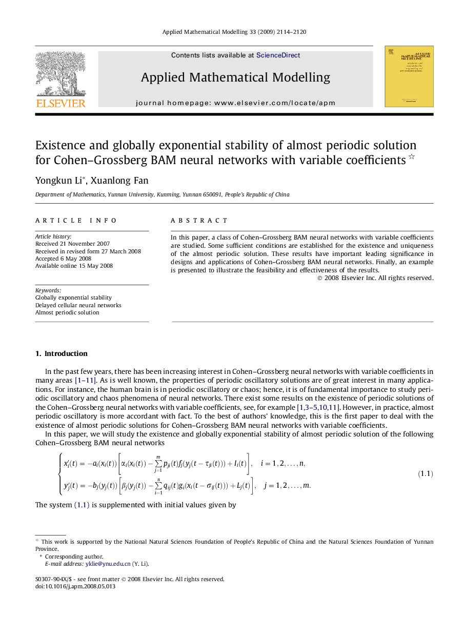 Existence and globally exponential stability of almost periodic solution for Cohen–Grossberg BAM neural networks with variable coefficients 