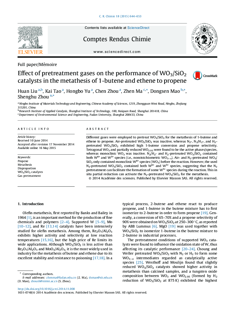 Effect of pretreatment gases on the performance of WO3/SiO2 catalysts in the metathesis of 1-butene and ethene to propene