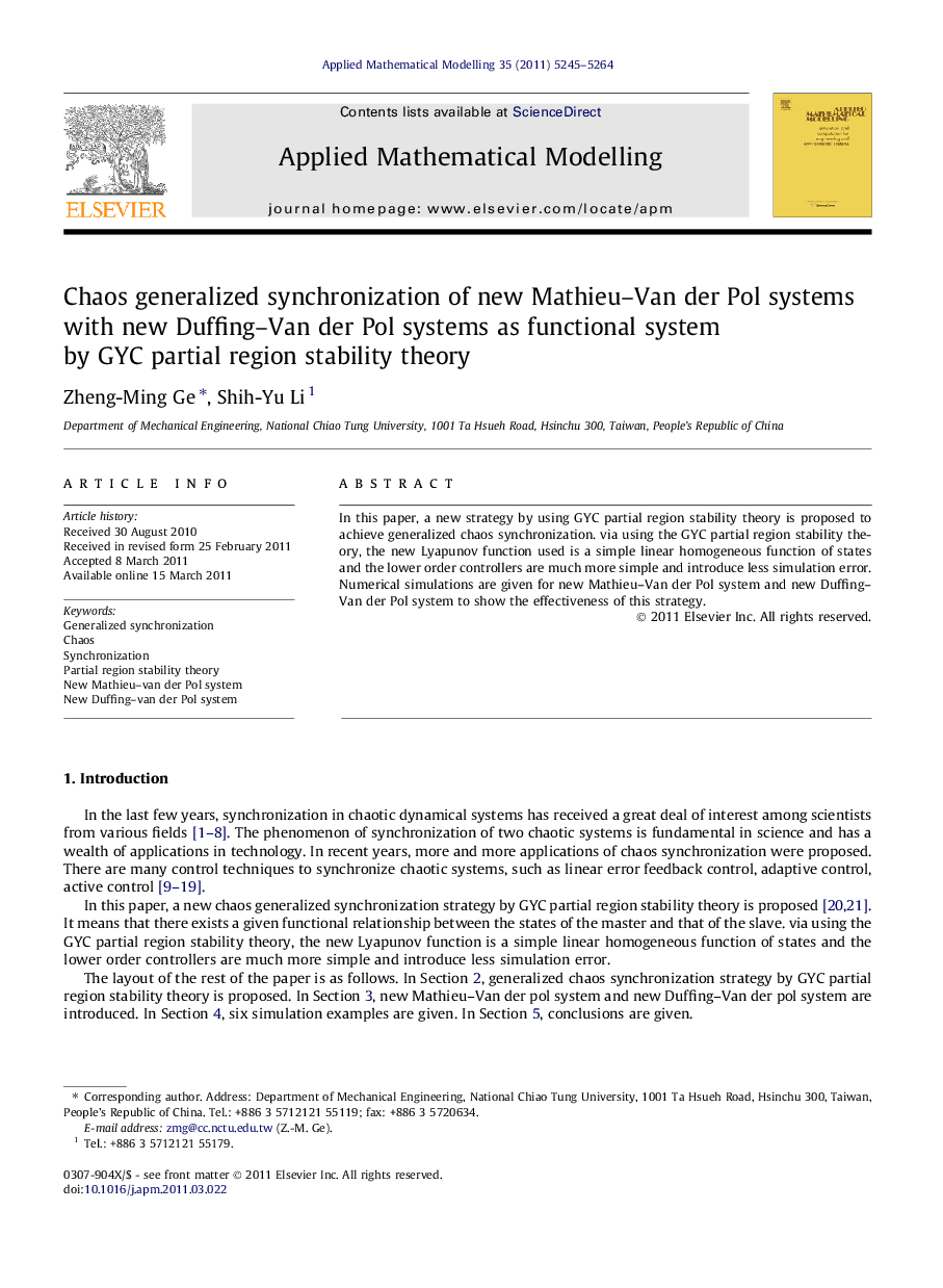 Chaos generalized synchronization of new Mathieu–Van der Pol systems with new Duffing–Van der Pol systems as functional system by GYC partial region stability theory