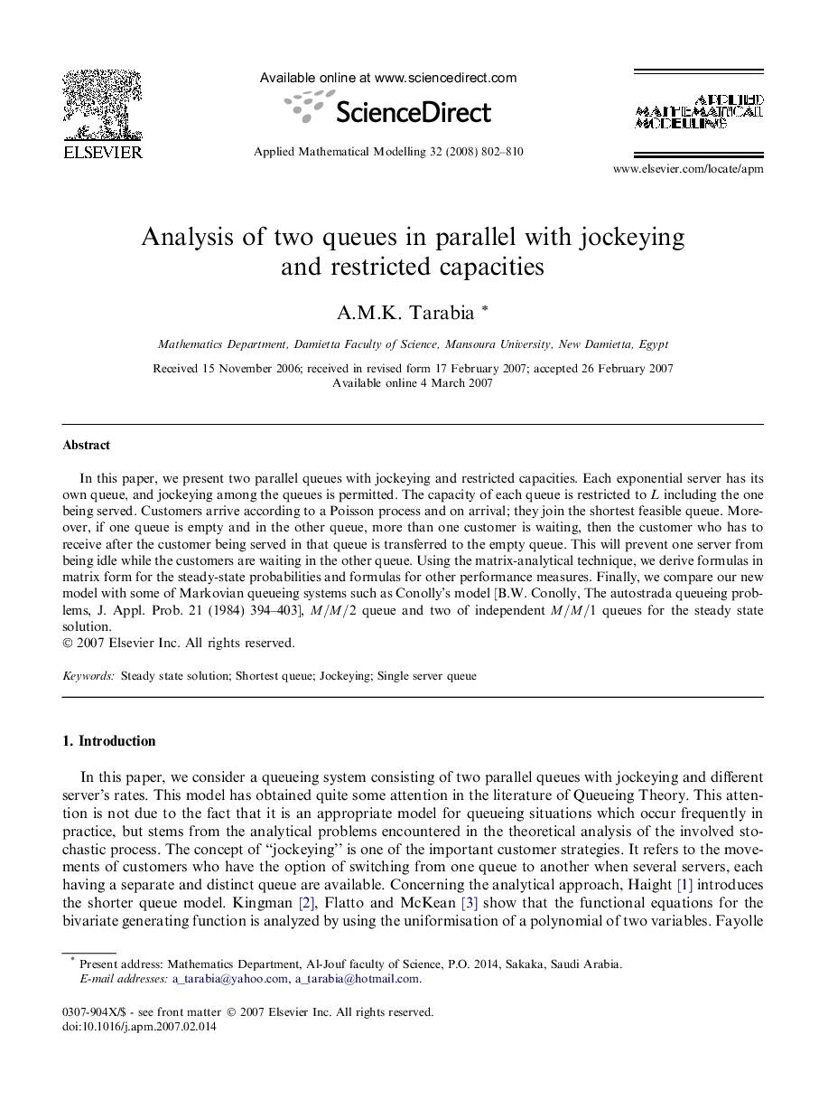 عکس صفحه اول مقاله: Analysis of two queues in parallel with jockeying and restricted capacities Analysis of two queues in parallel with jockeying and restricted capacities
