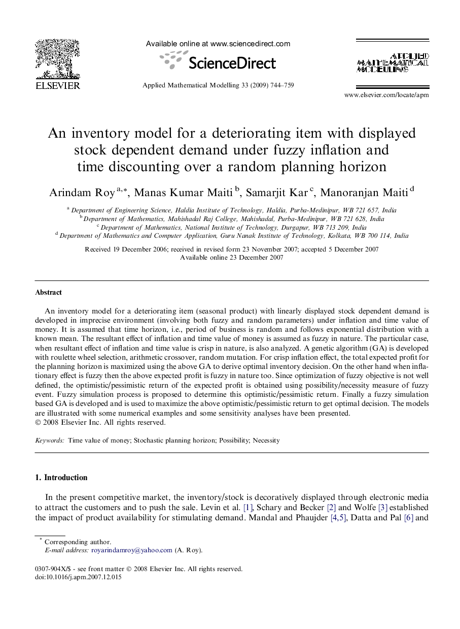 An inventory model for a deteriorating item with displayed stock dependent demand under fuzzy inflation and time discounting over a random planning horizon