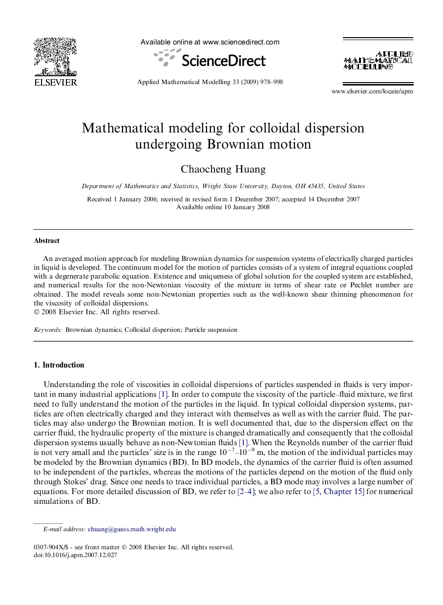 Mathematical modeling for colloidal dispersion undergoing Brownian motion