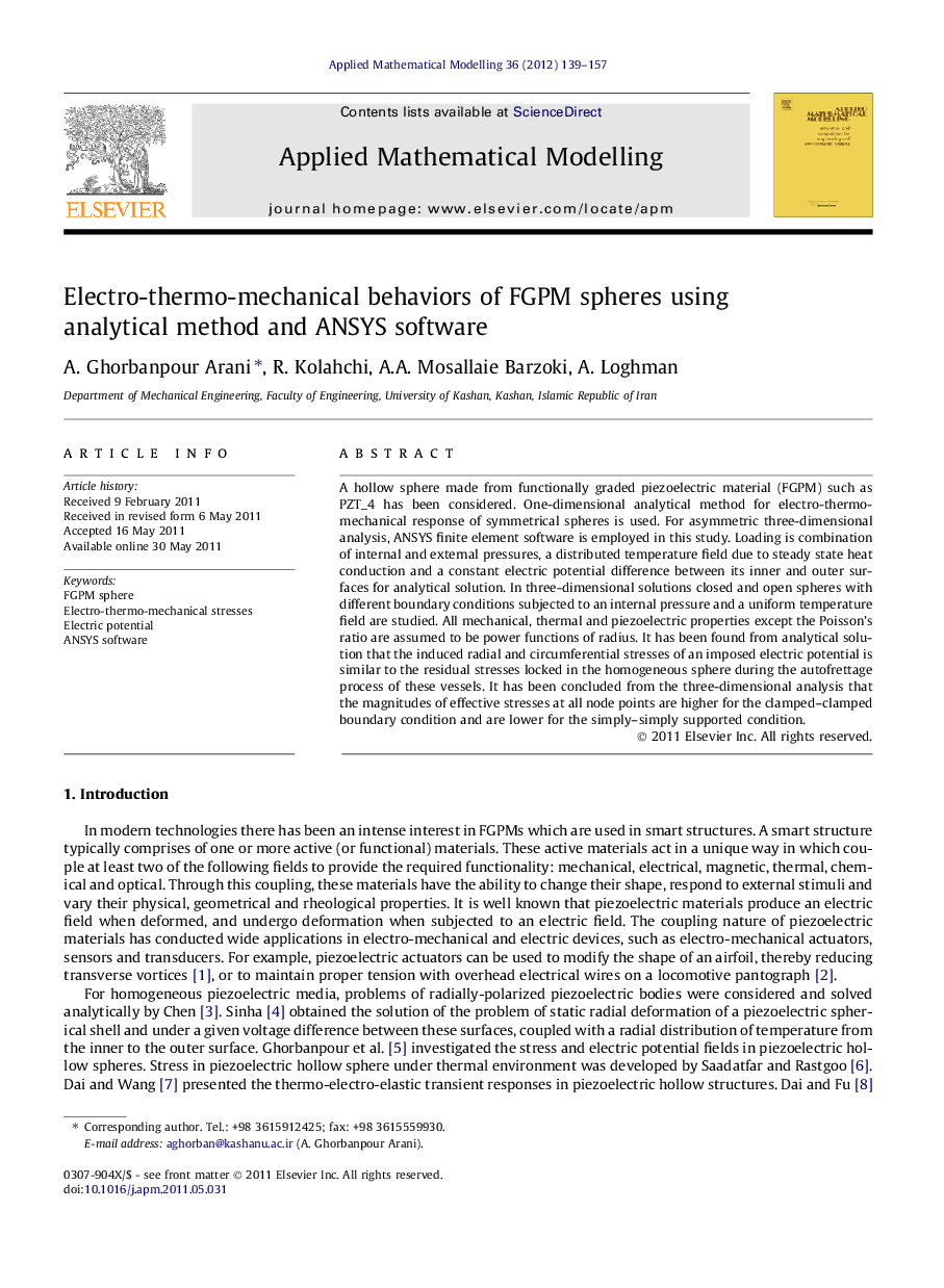 Electro-thermo-mechanical behaviors of FGPM spheres using analytical method and ANSYS software