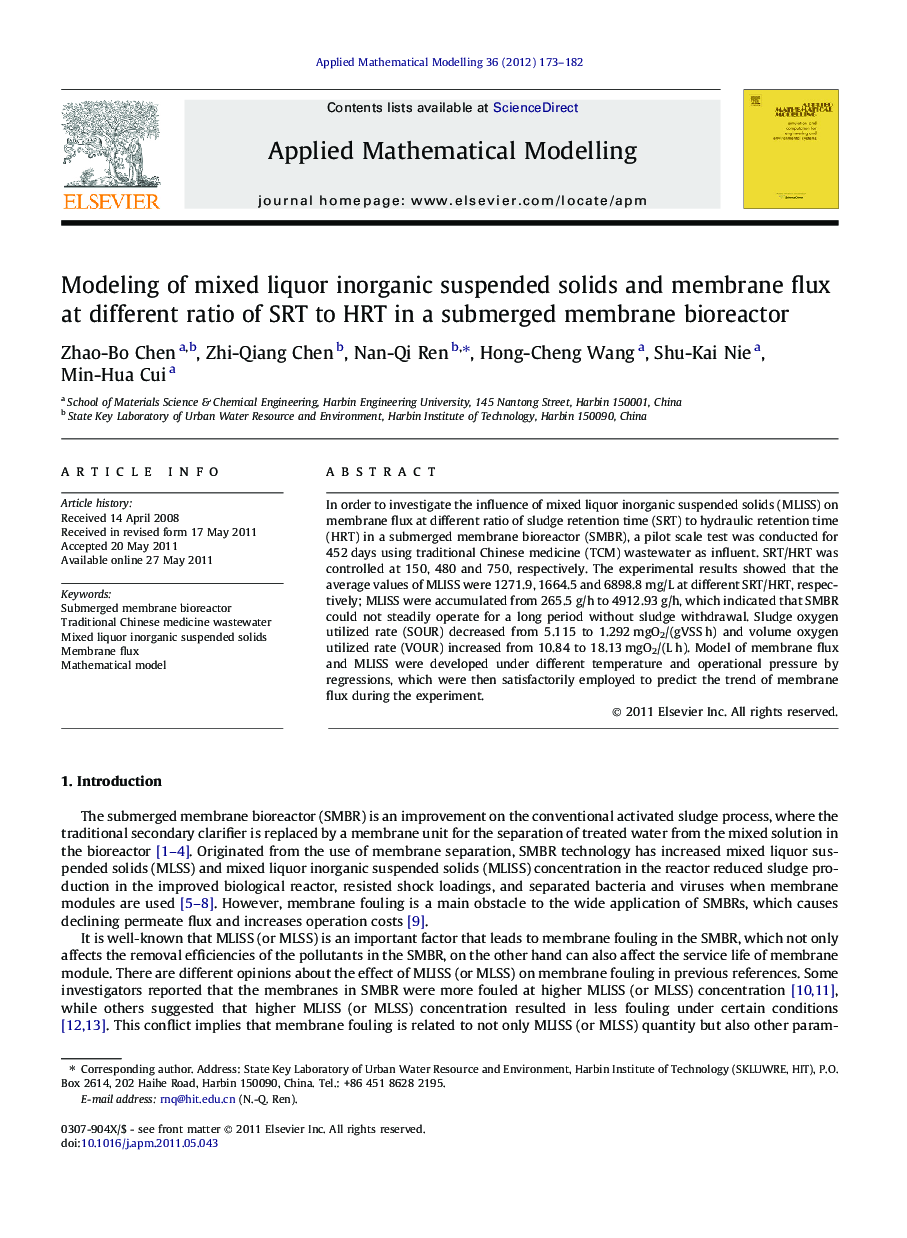 Modeling of mixed liquor inorganic suspended solids and membrane flux at different ratio of SRT to HRT in a submerged membrane bioreactor