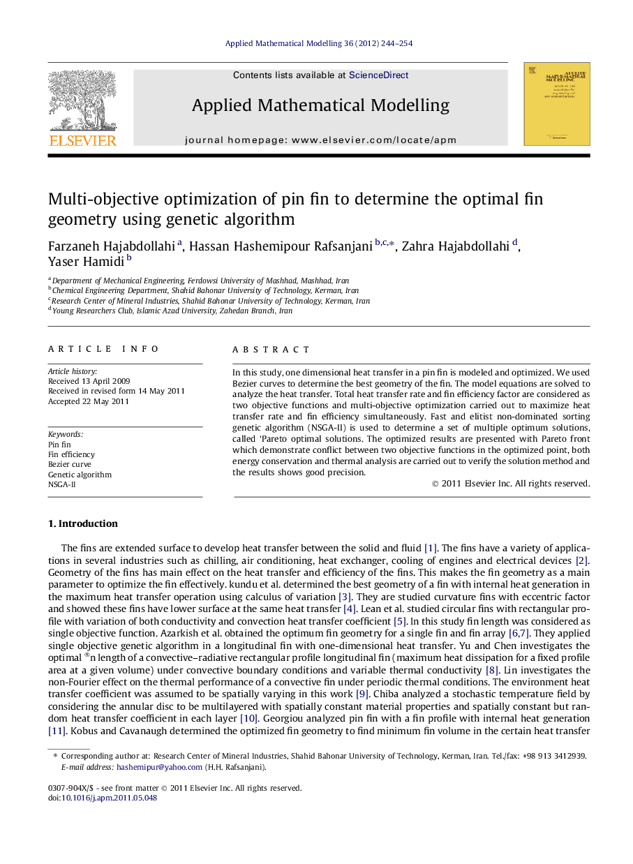 Multi-objective optimization of pin fin to determine the optimal fin geometry using genetic algorithm